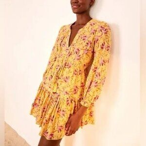 Farm Rio Banana Print Cotton Mini Dress w/ Draw string and beaded tassles